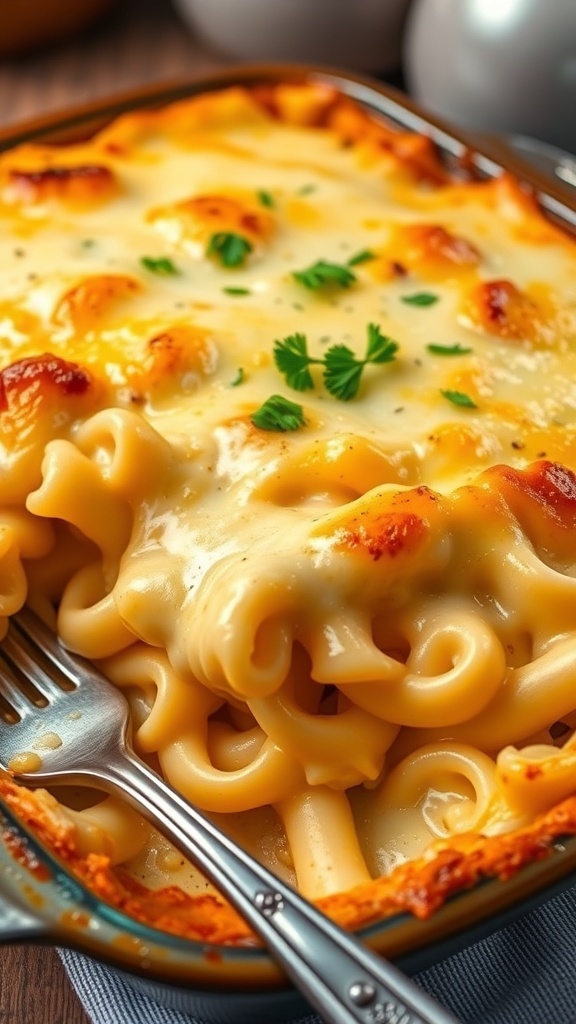 Cheesy baked noodles in a rustic dish, topped with melted cheese and garnished with parsley.